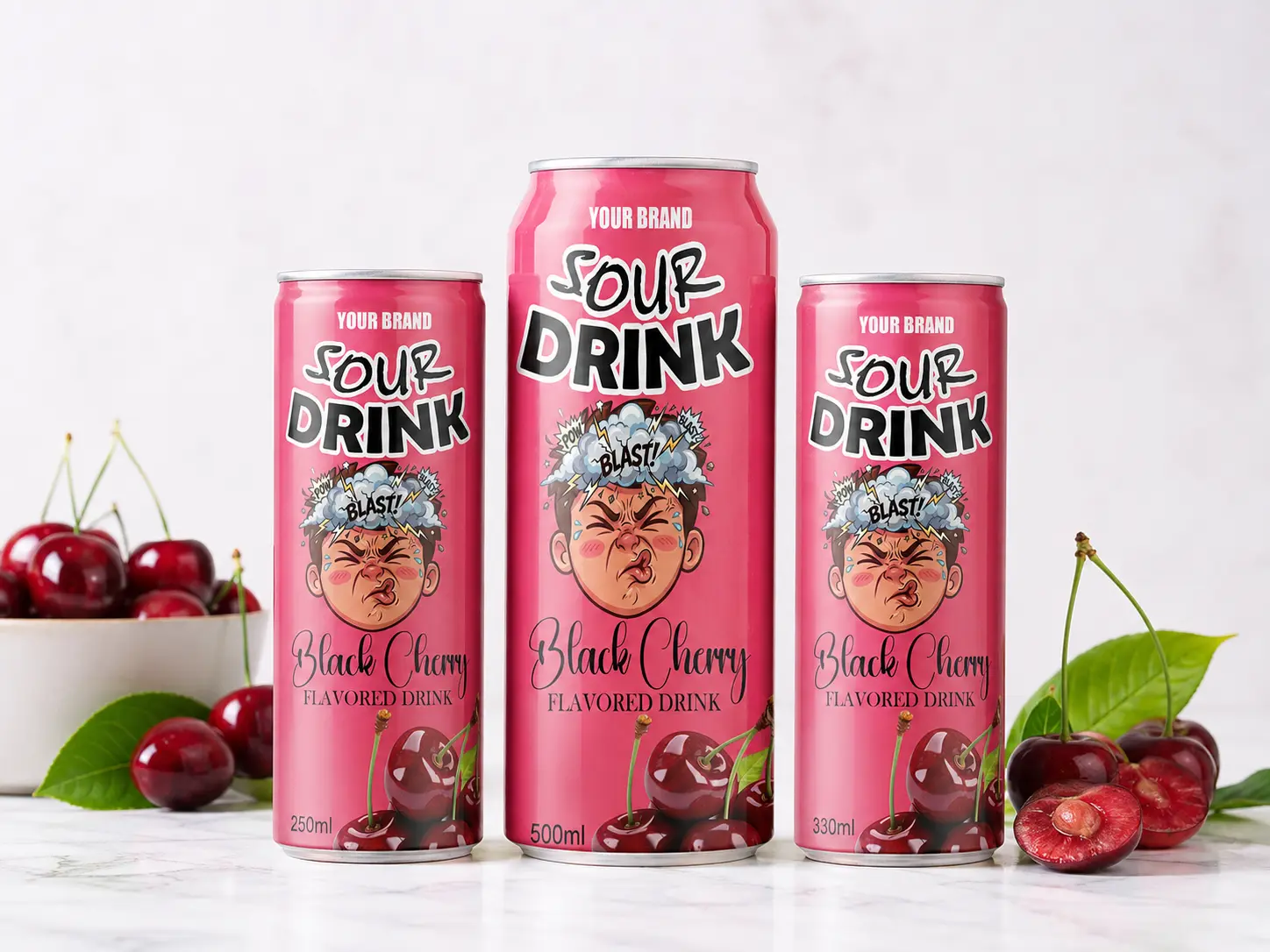 SOUR DRINK Black Cherry Flavored Drink in 250ml, 500ml, and 330ml cans.